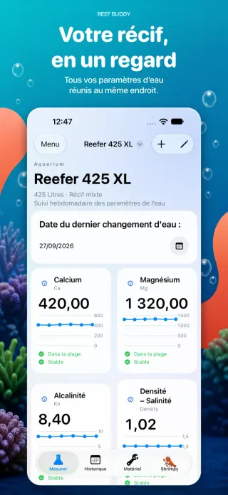 Tableau de bord Reef Buddy avec les dernières mesures et les tendances des paramètres de l’aquarium