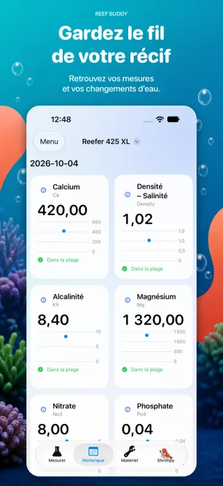 Historique quotidien des mesures de calcium, salinité, alcalinité et magnésium dans Reef Buddy