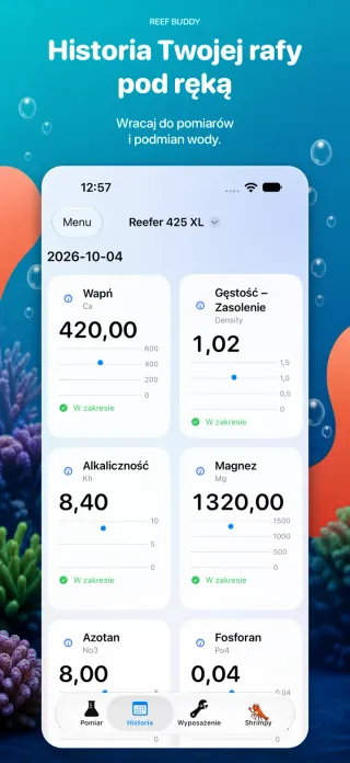 Dzienna historia pomiarów wapnia, zasolenia, alkaliczności i magnezu w Reef Buddy