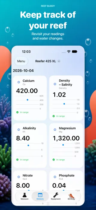 Daily history of calcium, salinity, alkalinity, and magnesium readings in Reef Buddy
