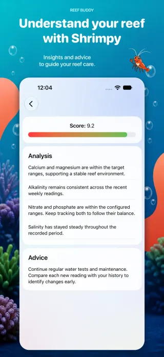 Example Shrimpy analysis with a score, parameter interpretation, and advice