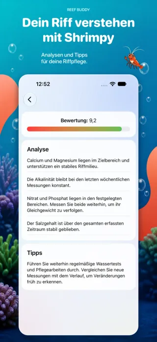 Beispiel einer Shrimpy-Analyse mit Bewertung, Einordnung der Wasserwerte und Tipps