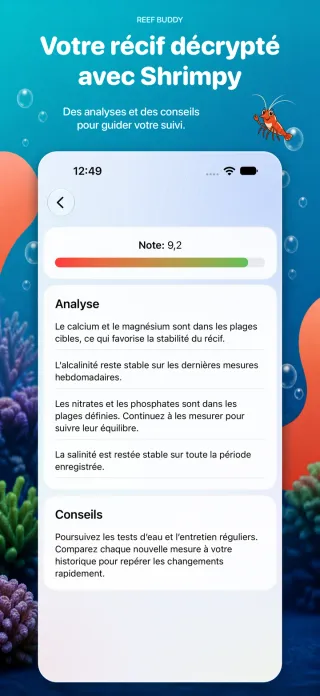 Exemple d’analyse Shrimpy avec une note, une interprétation des paramètres et des conseils