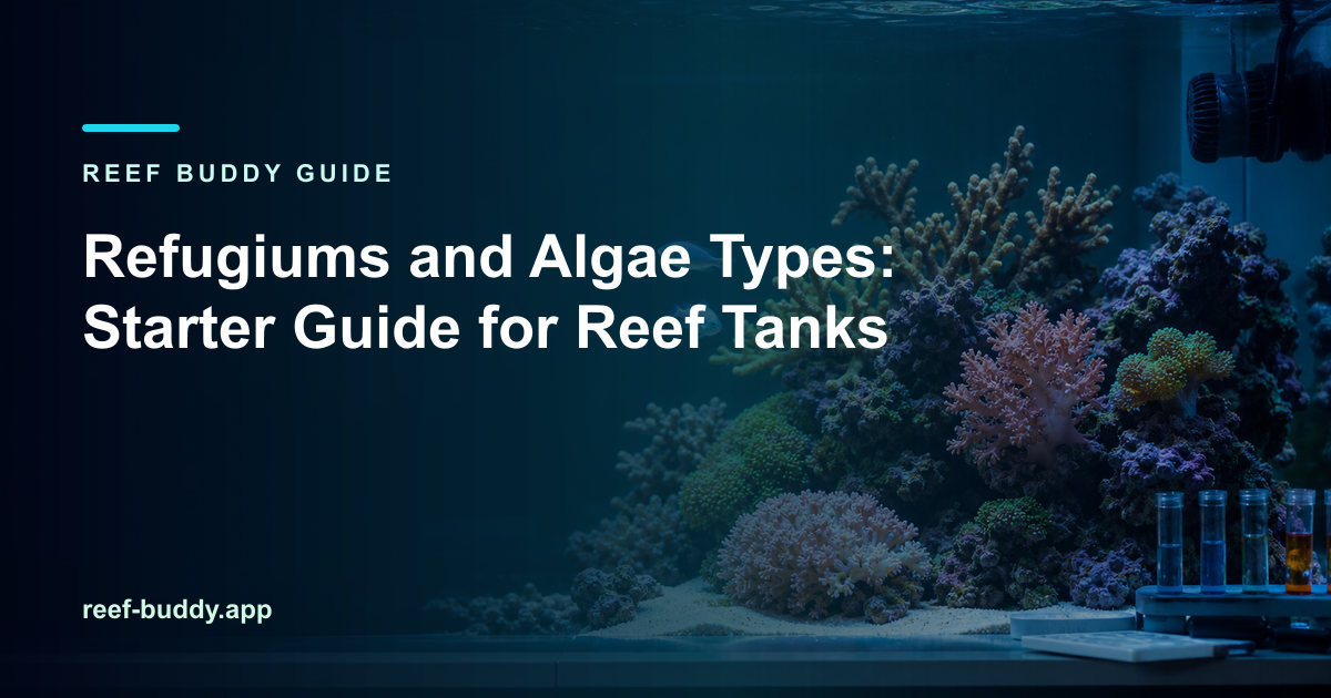 Reef Buddy article cover for “Refugiums and Algae Types: Starter Guide for Reef Tanks” over a home reef aquarium