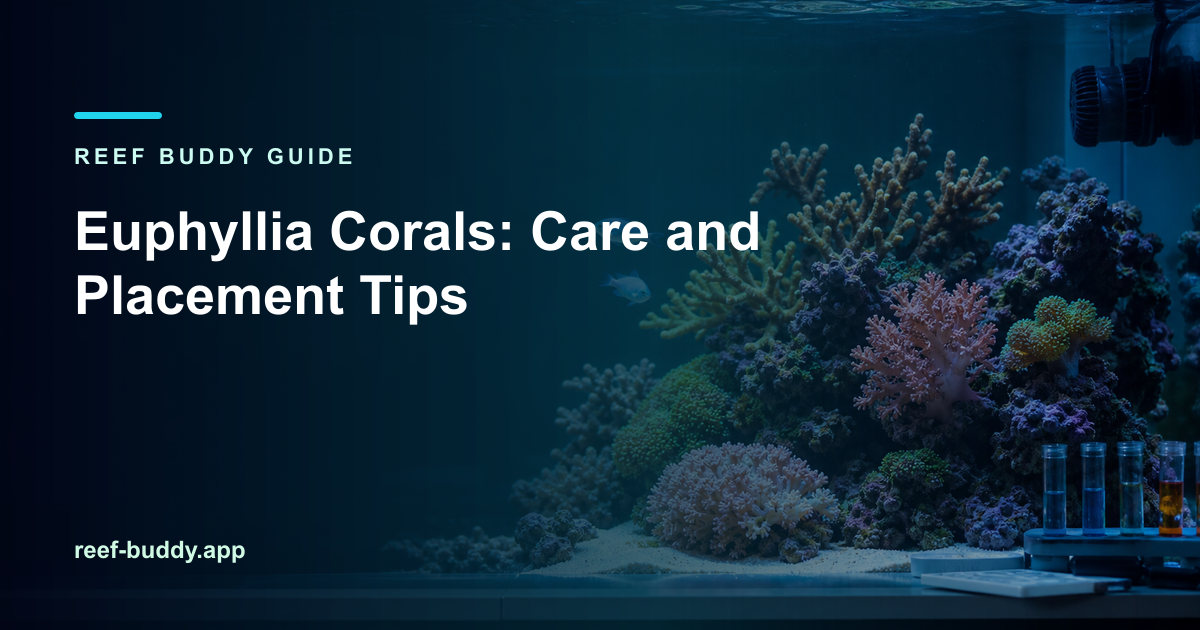 Reef Buddy article cover for “Euphyllia Corals: Care and Placement Tips” over a home reef aquarium