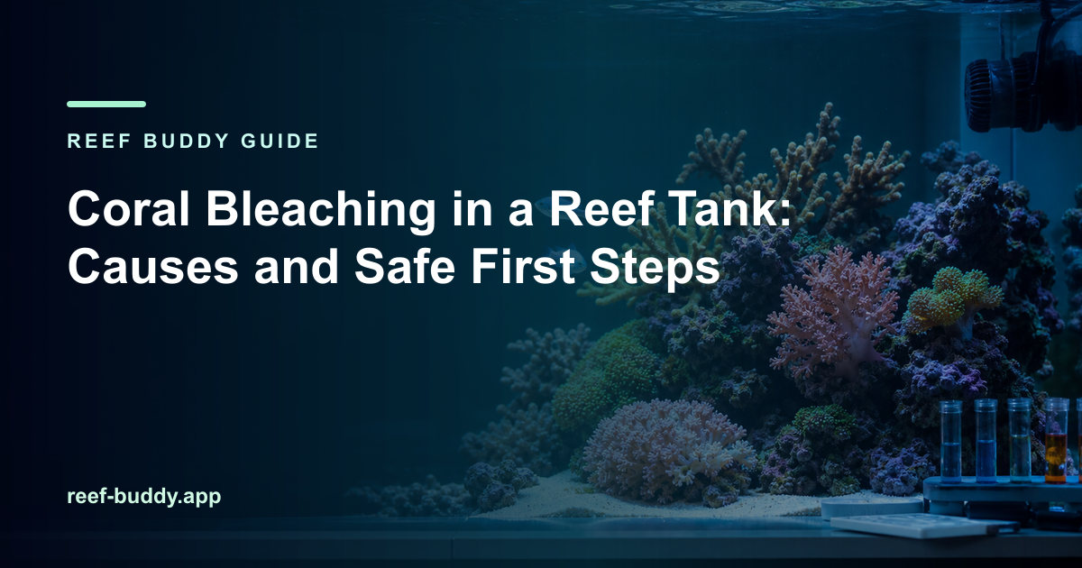 Reef Buddy article cover for “Coral Bleaching in a Reef Tank: Causes and Safe First Steps” over a home reef aquarium