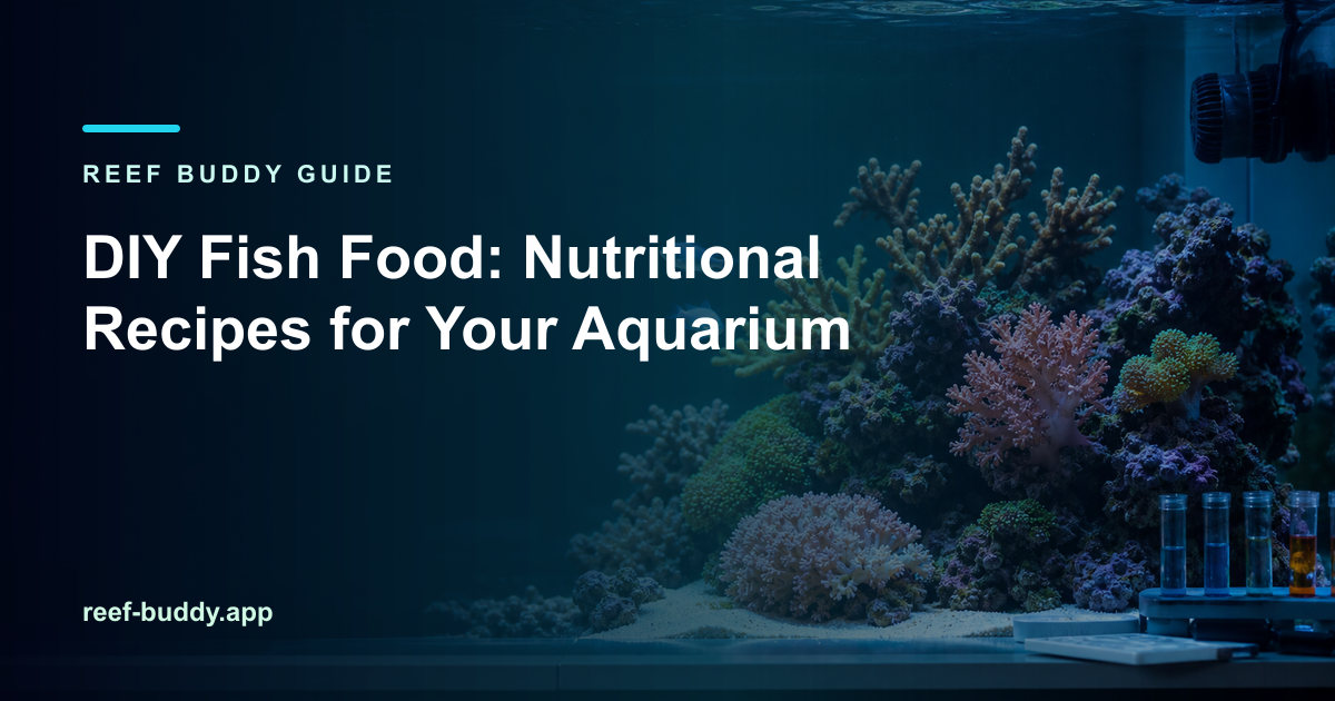 Reef Buddy article cover for “DIY Fish Food: Nutritional Recipes for Your Aquarium” over a home reef aquarium