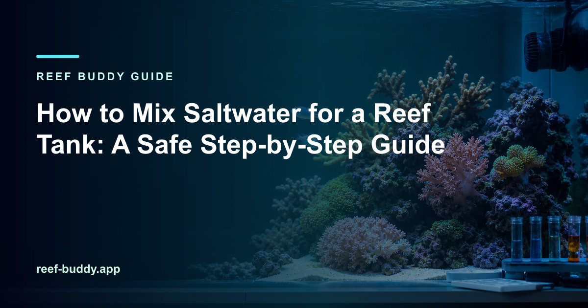 Reef Buddy article cover for “How to Mix Saltwater for a Reef Tank: A Safe Step-by-Step Guide” over a home reef aquarium