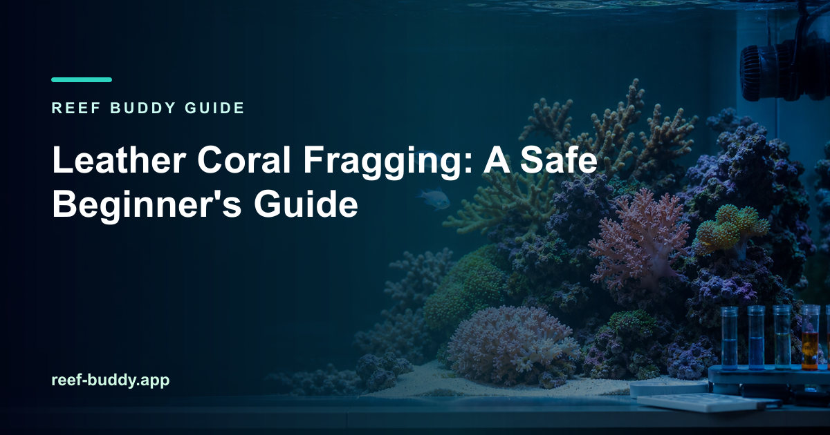 Reef Buddy article cover reading “Leather Coral Fragging: A Safe Beginner's Guide” over a blue reef aquarium with coral colonies and test vials