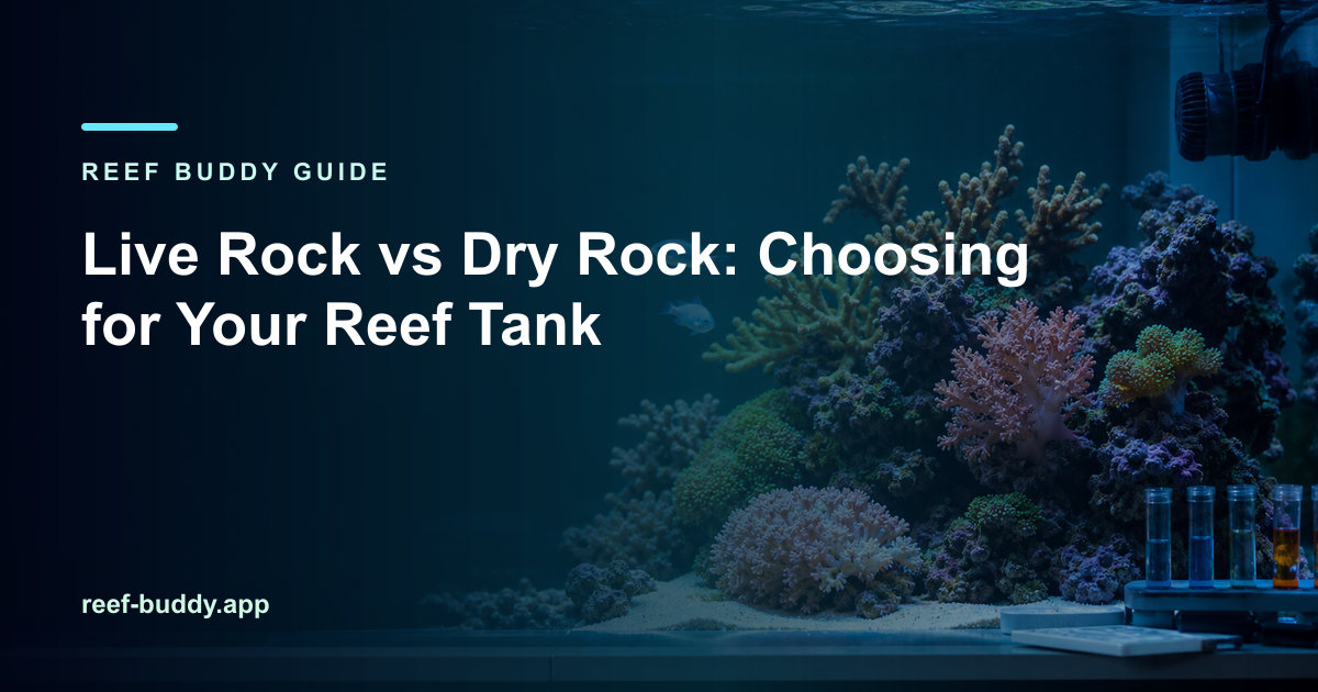 Reef Buddy article cover for “Live Rock vs Dry Rock: Choosing for Your Reef Tank” over a home reef aquarium