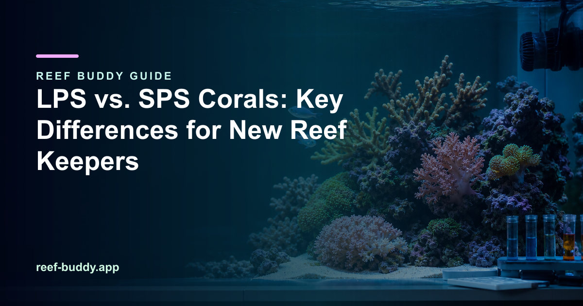 Reef Buddy article cover for “LPS vs. SPS Corals: Key Differences for New Reef Keepers” over a home reef aquarium
