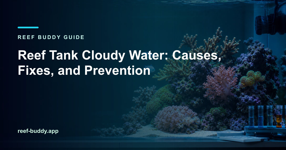 Reef Buddy article cover for “Reef Tank Cloudy Water: Causes, Fixes, and Prevention” over a home reef aquarium