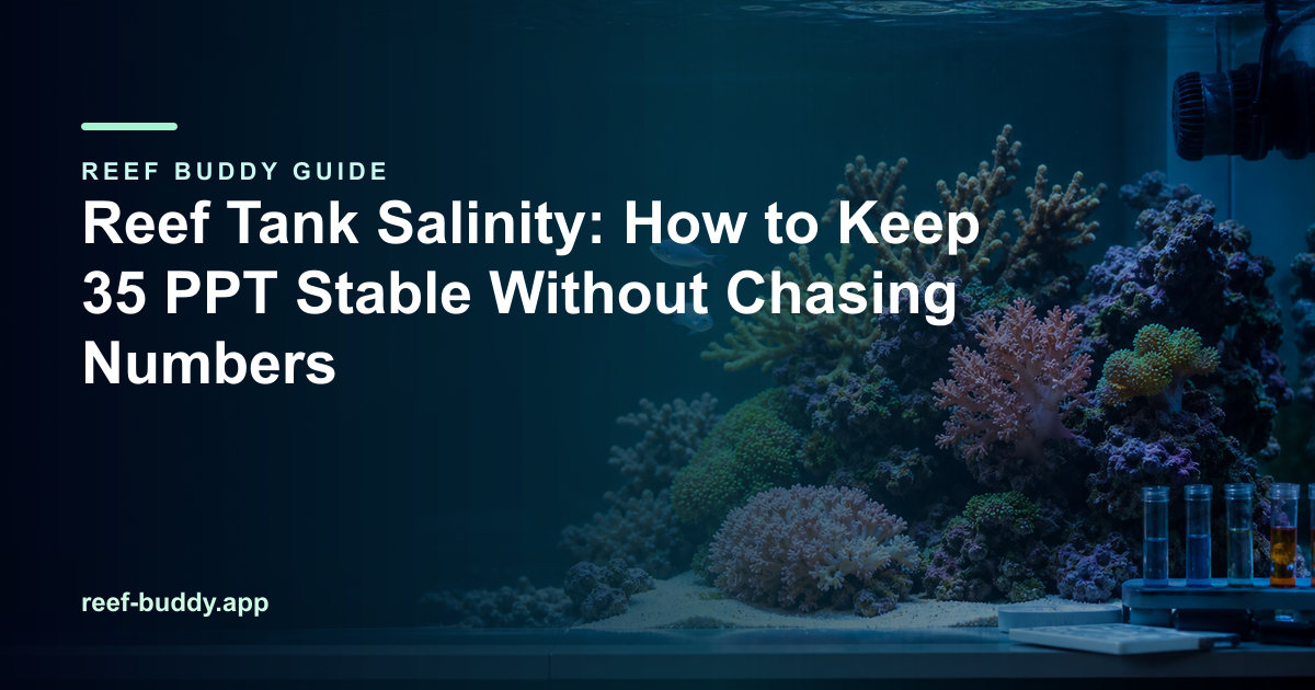 Reef Buddy article cover for “Reef Tank Salinity: How to Keep 35 PPT Stable Without Chasing Numbers” over a home reef aquarium