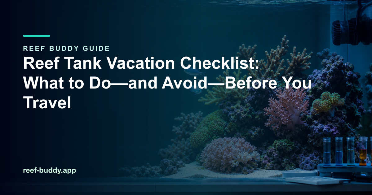 Reef Buddy article cover for “Reef Tank Vacation Checklist: What to Do—and Avoid—Before You Travel” over a home reef aquarium