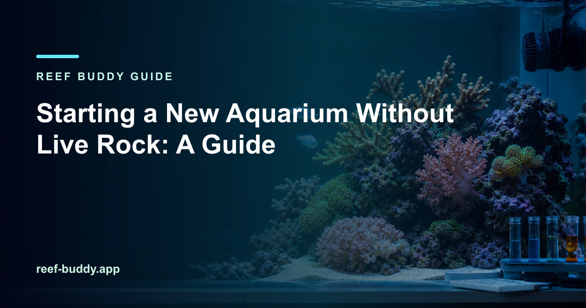 Reef Buddy article cover for “Starting a New Aquarium Without Live Rock: A Guide” over a home reef aquarium